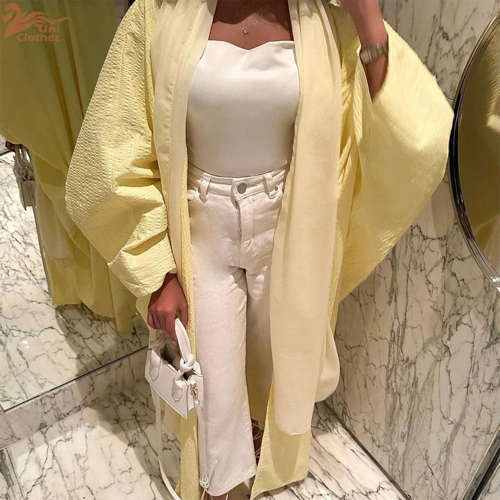 Uni Fashion Chic Kimono Solid Open Abaya Batwing Sleeve Loose Elegant Casual Moroccan Turkish Muslim Robe Jalabiya Clothing