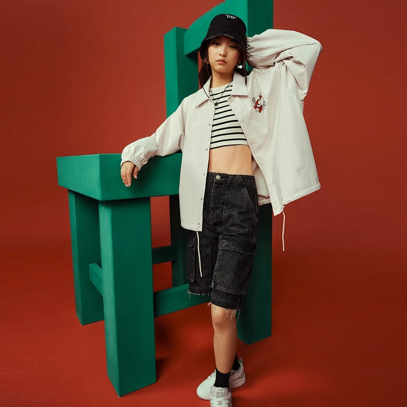 Xtep Jacket Women Men Vintage Causal Simple Patterns Stand Collar Coat Unisex Autumn Comfortable WindProof Tops 877327120095