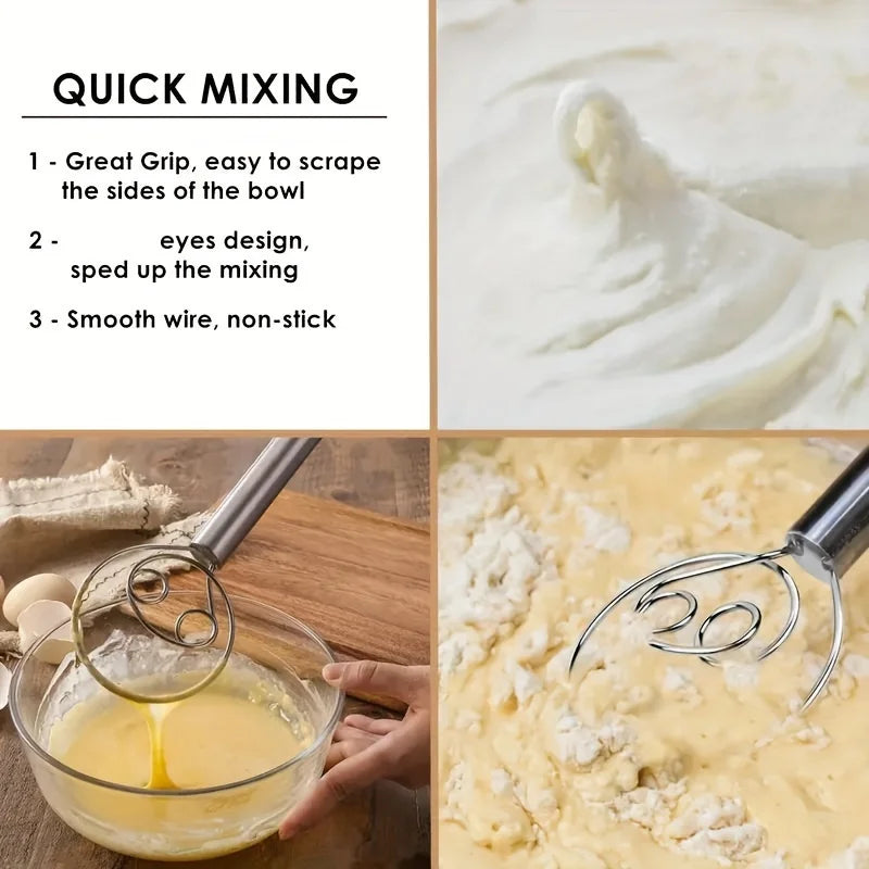 Dough Mixer Stainless Steel HandHeld Bread Blender Dough Scraper Double Hole Fast Stirring Tool Danish Dough Whisk Egg Stirrer