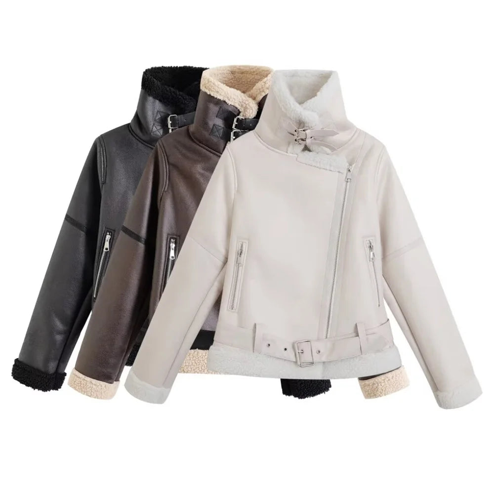 UNIZERA 2024 Autumn/Winter New Product Fashion Women's Wear Fur Integrated Coat Retro Motorcycle Jacket Top