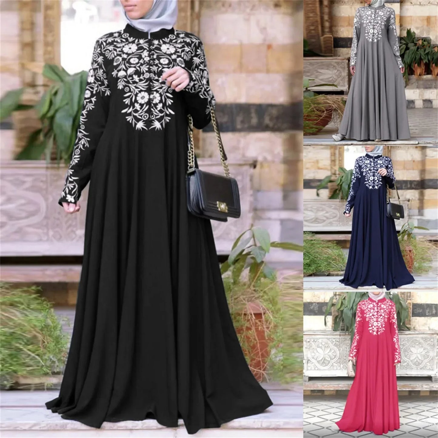 Plus Size Muslim Women Kaftan Dress Abaya Ethnic Style Long Sleeve Islamic Clothing Dubai Saudi Black Robe Turkish Modesty S-3XL