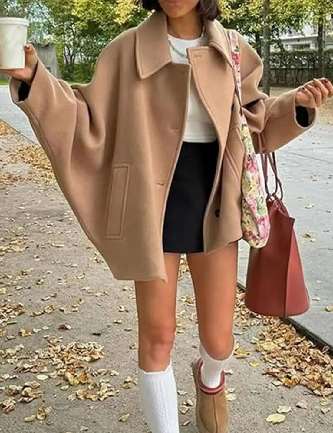 ZBZA Women's Oblique Button Loose Batwing Sleeve Jacket Coat Lapel Double Pocket Warm Solid Vintage Outerwear Fall Winter Coat