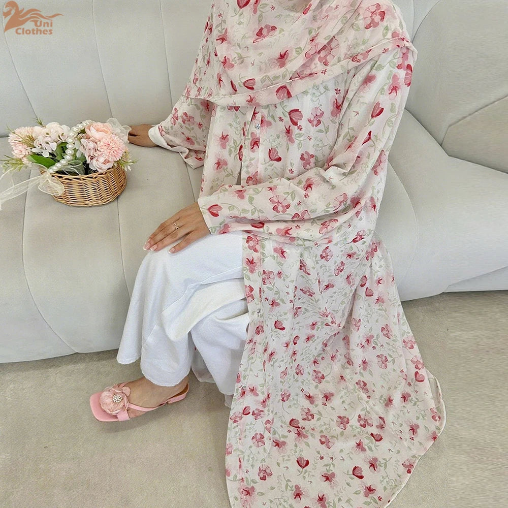 Summer Ramadan Chiffon Modest Abaya Women Muslim Dress Two Pieces Set Front Open Printed Kimono Abaya With Matching Hijab Scarf