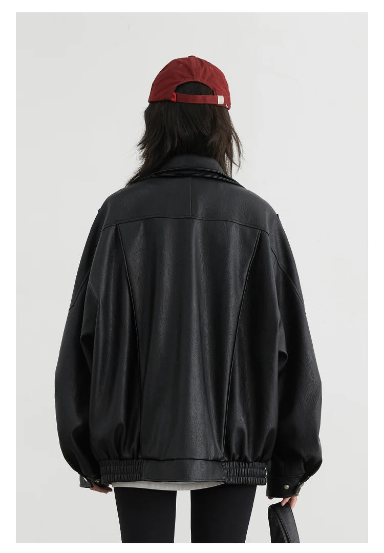 CHIC VEN Female PU Jacket Solid Loose New Retro Standing Collar Motorcycle Faux Leather Coat Female Top Spring Autumn 2024