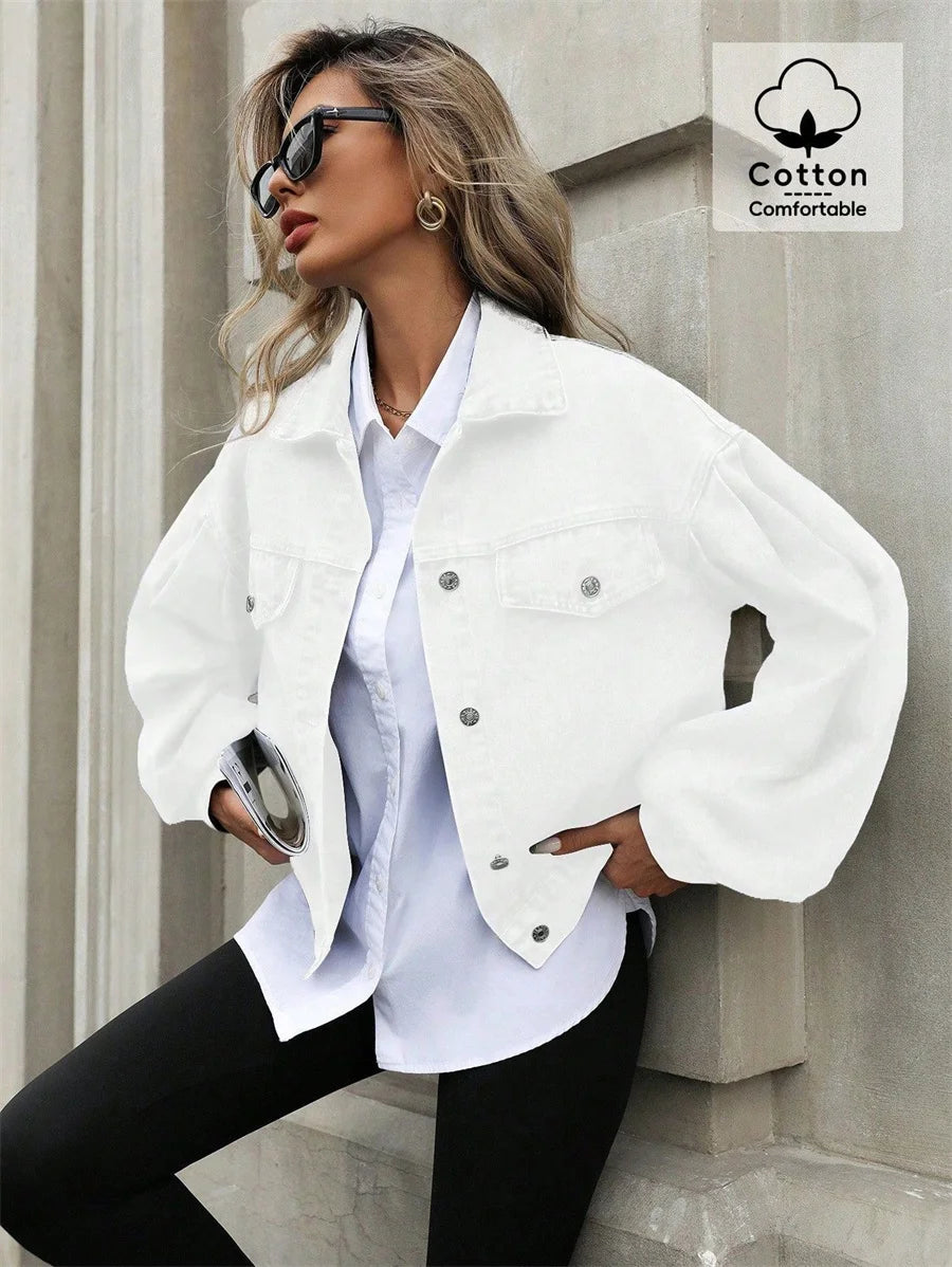 Benuynffy 2025 Autumn Vintage Lantern Sleeve Denim Jacket Women's Casual Streetwear Single Breasted Loose Short Jean Jackets