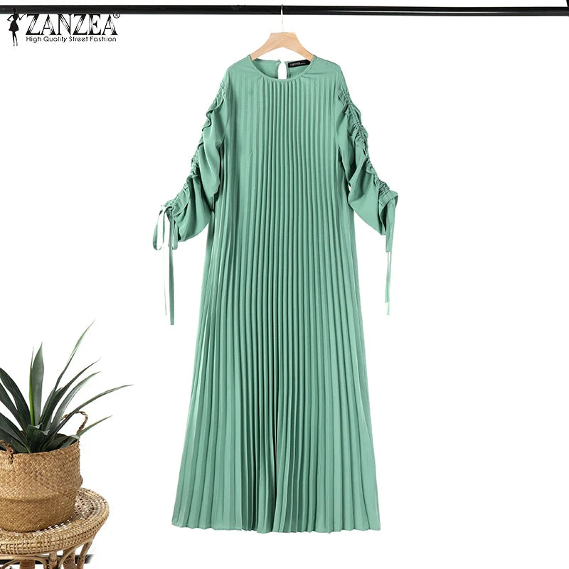 Muslim Hijab Dresses Abaya ZANZEA Spring Maxi Sundress Women Fashion Long Sleeve Pleated Party Dress IsIamic Clothing Robe Femme