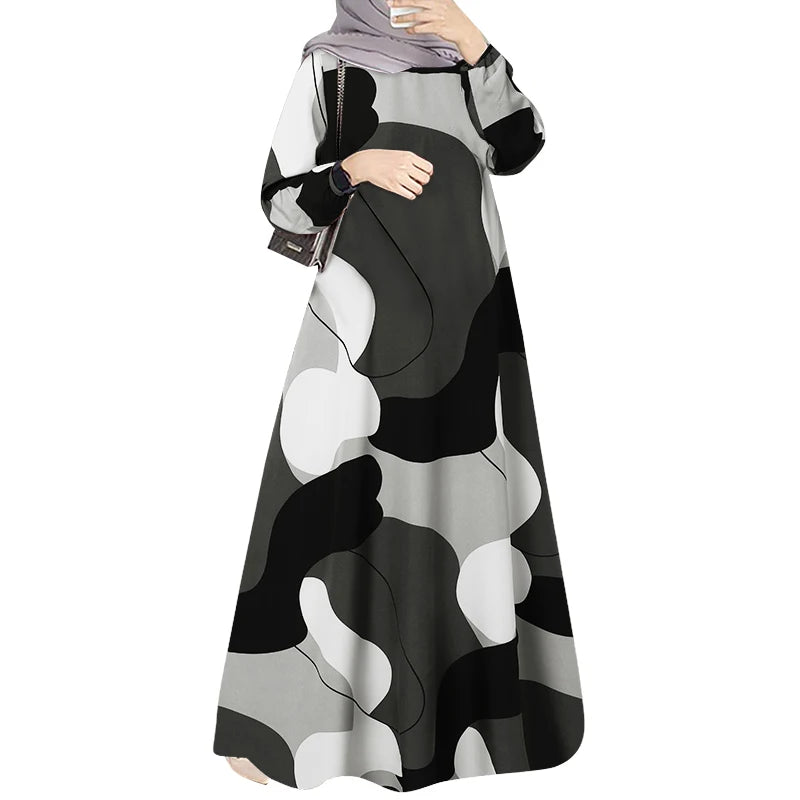 ZANZEA Muslim Fashion Color Block Long Dresses Women Elegant O Neck Long Sleeve A-line Vestidos Casual Loose Islamic Abaya Robes