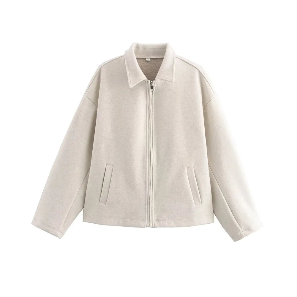 TRZA Women's Oversized Woolen Jacket Coat Long Sleeve Front Zipper Chic Outerwear with Pockets Fashion Top