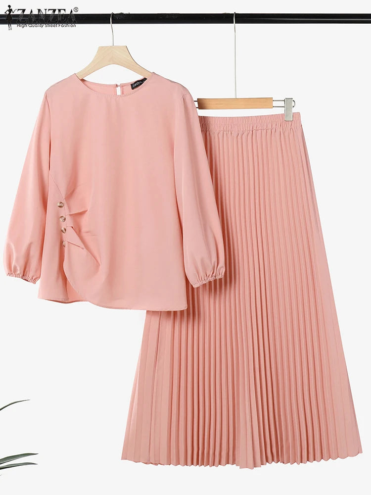 ZANZEA Muslim Woman 2 Piece Sets Islamic Fashion Ruched 3/4 Sleeve Tops Pleated Maxi Skirts 2PCS Outfits Solid Color Skirt Sets