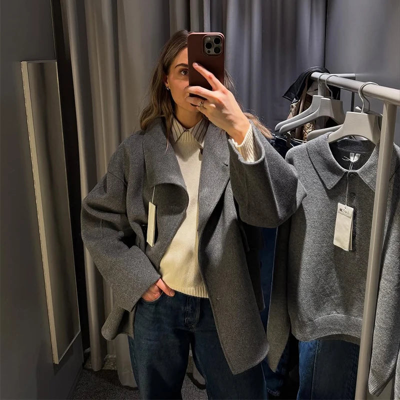 2025 Autumn Winter Stand Collar Coat Women Big Pockets Wool Blend Long Sleeve Single-breasted Thick Jacket Female Lady Outwears