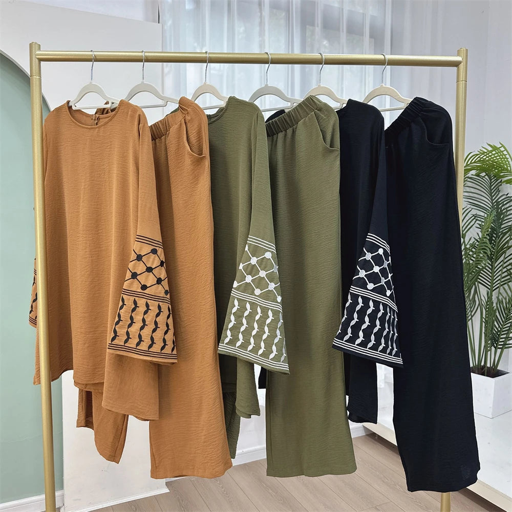 Eid Plain 2 Piece Abaya Set Tops Pants Modest Muslim Sets Abayas For Women Clothing Robe Caftan Marocain Femme Musulmane Kaftan