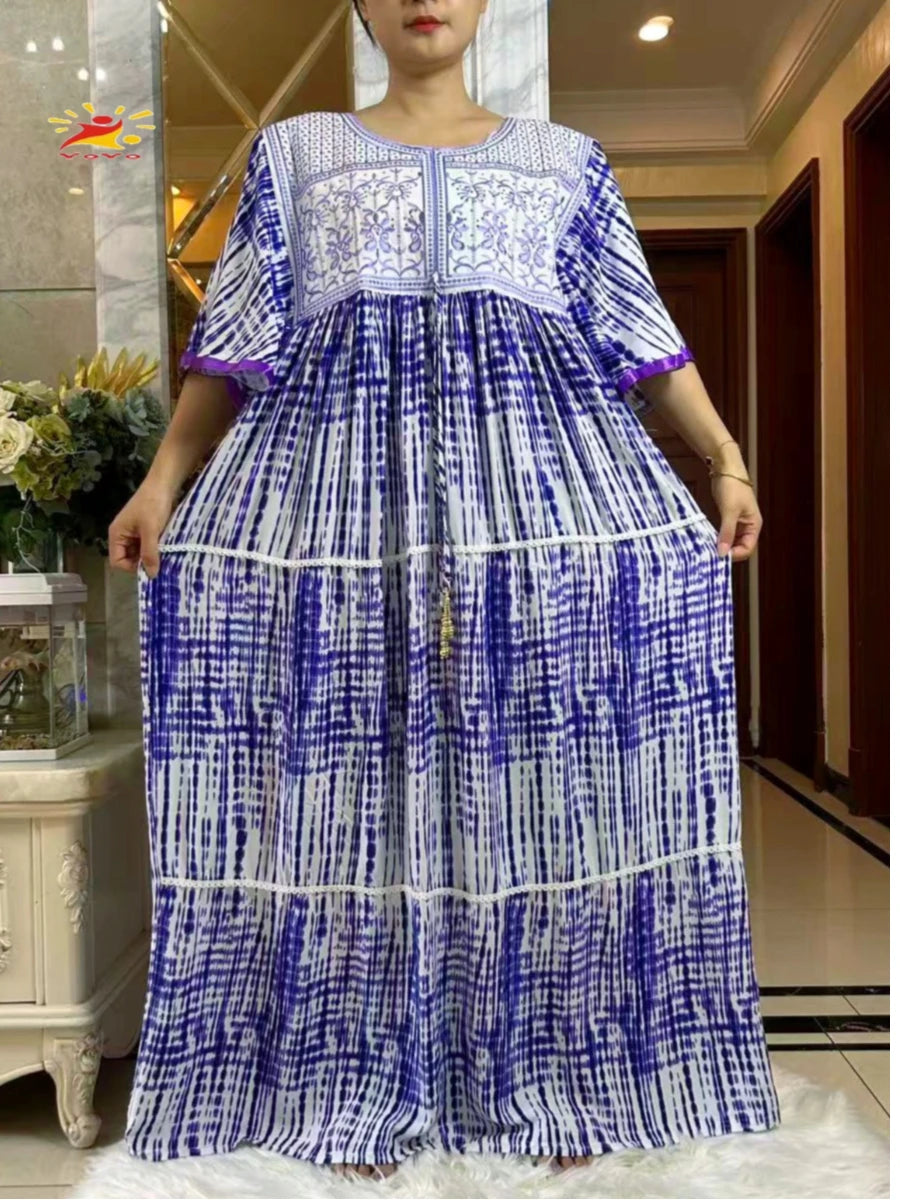 2025 New Muslim Abaya Summer Dress Short Sleeve Collect Waist Floral Loose Boubou Maxi Islam Women Dress African Abaya Clothing