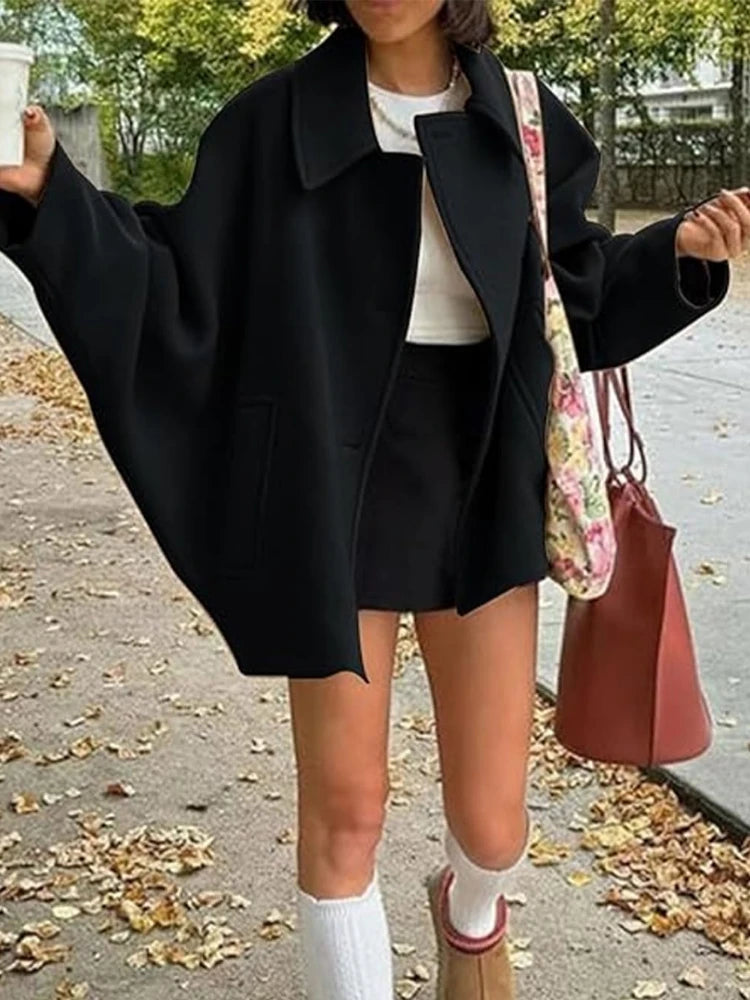 ZBZA Women's Oblique Button Loose Batwing Sleeve Jacket Coat Lapel Double Pocket Warm Solid Vintage Outerwear Fall Winter Coat
