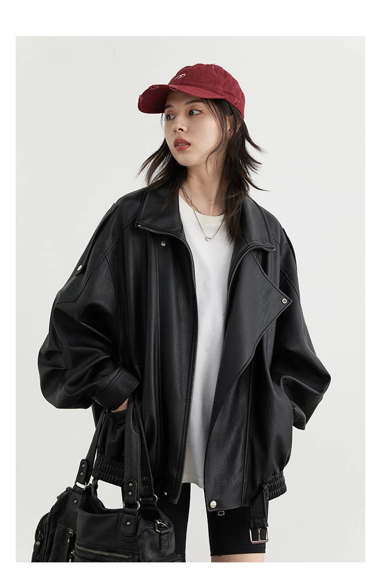 CHIC VEN Female PU Jacket Solid Loose New Retro Standing Collar Motorcycle Faux Leather Coat Female Top Spring Autumn 2024