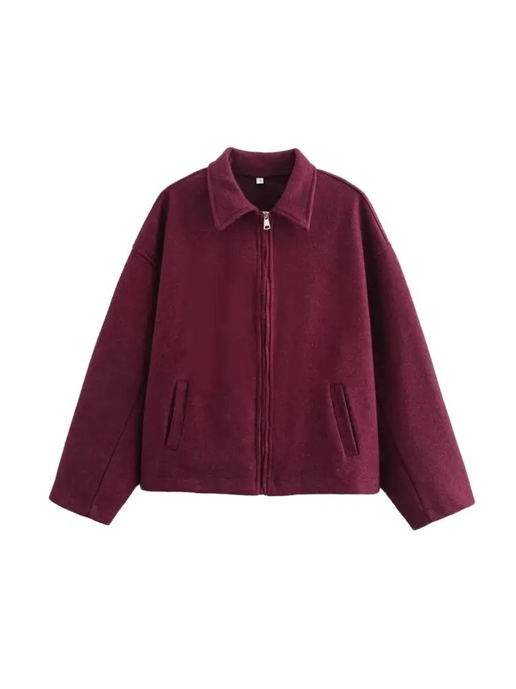 TRZA Women's Oversized Woolen Jacket Coat Long Sleeve Front Zipper Chic Outerwear with Pockets Fashion Top