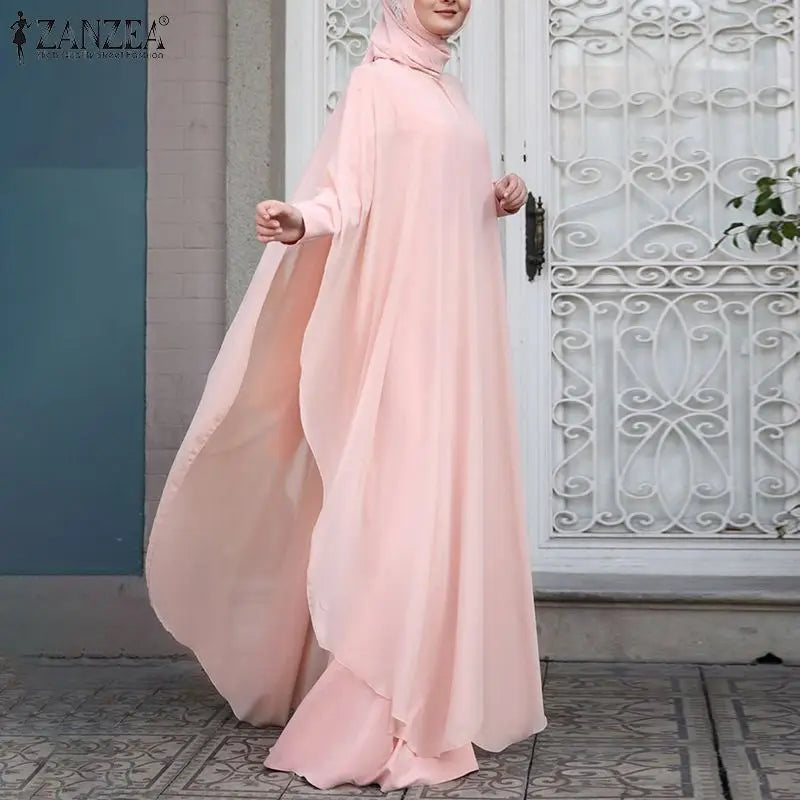 ZANZEA Women Chiffon Abaya Eid Mubarek Muslim Dresses Robe Long Sleeve Hijab Vestidos Fashion Abayas For Women Isamic Clothing