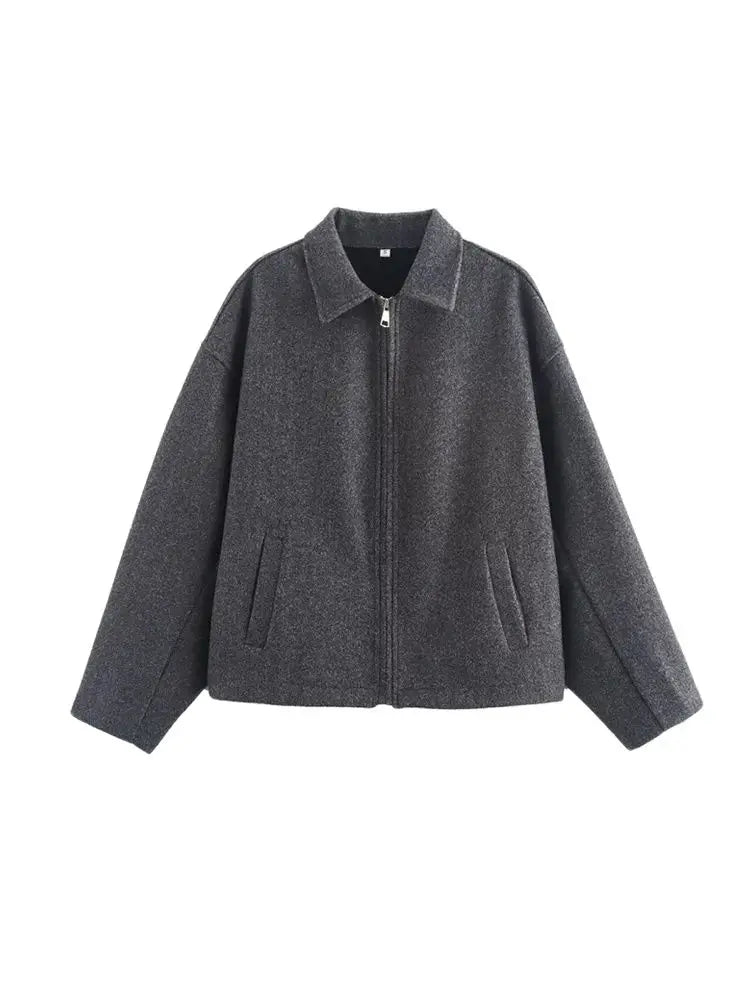 TRZA Women's Oversized Woolen Jacket Coat Long Sleeve Front Zipper Chic Outerwear with Pockets Fashion Top