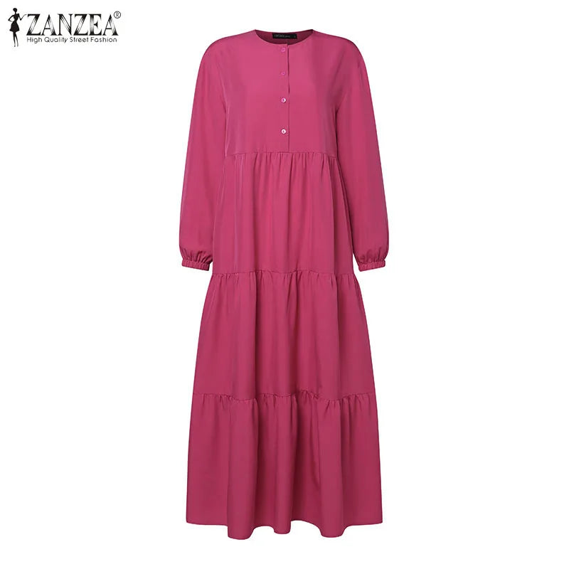 ZANZEA Autumn Women Long Vestidos Muslim Fashion O Neck Islamic Hijab Casual Loose Maxi Dress Tiered Long Sleeve Abaya Robes