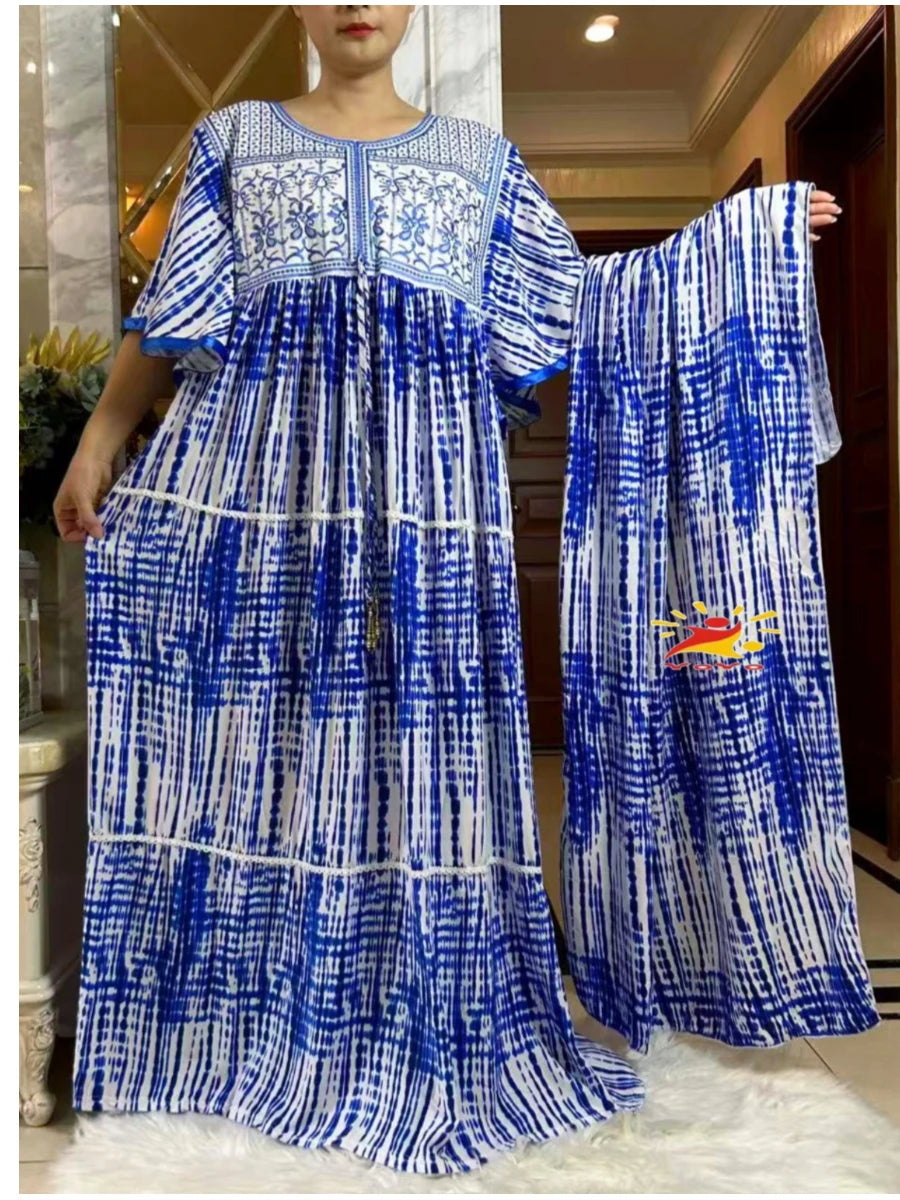 2025 New Muslim Abaya Summer Dress Short Sleeve Collect Waist Floral Loose Boubou Maxi Islam Women Dress African Abaya Clothing