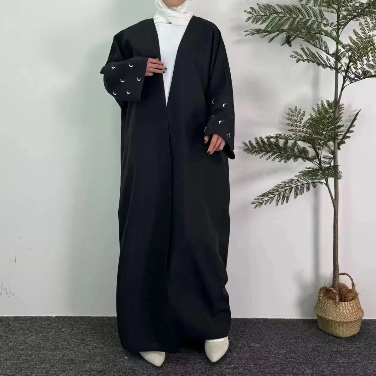 Moon Embroidery Open Front Abaya,Long Sleeve Maxi Length Dress Women's Clothing Muslim Cardigan Abayas Out Kaftans Women Jilbabs