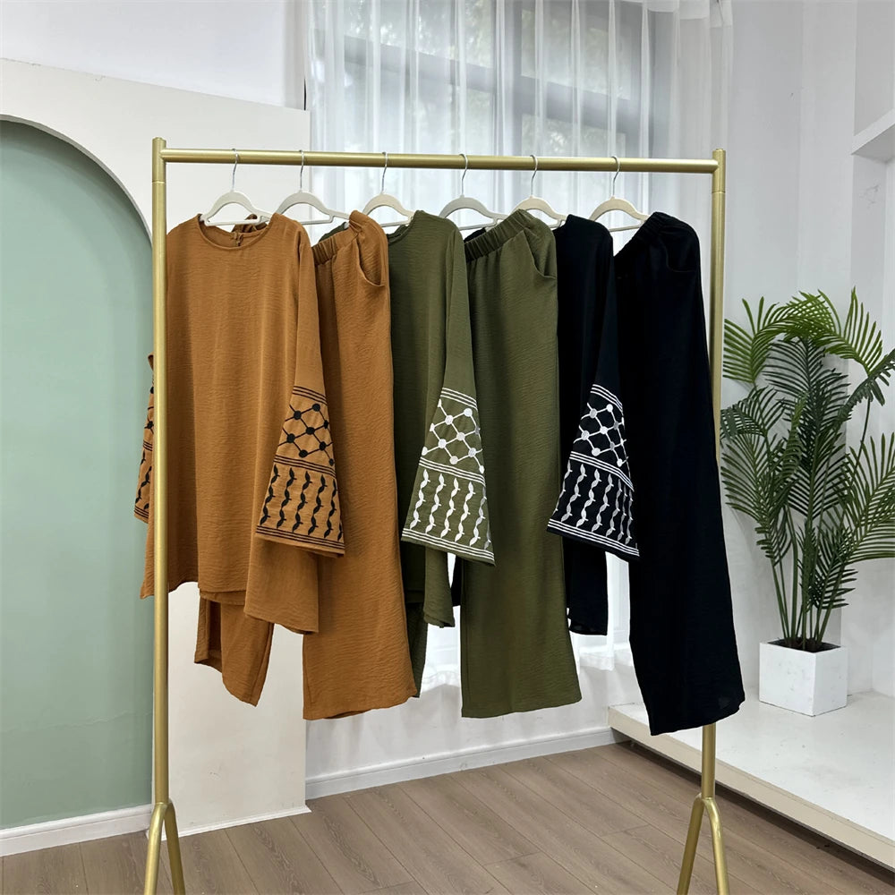 Eid Plain 2 Piece Abaya Set Tops Pants Modest Muslim Sets Abayas For Women Clothing Robe Caftan Marocain Femme Musulmane Kaftan