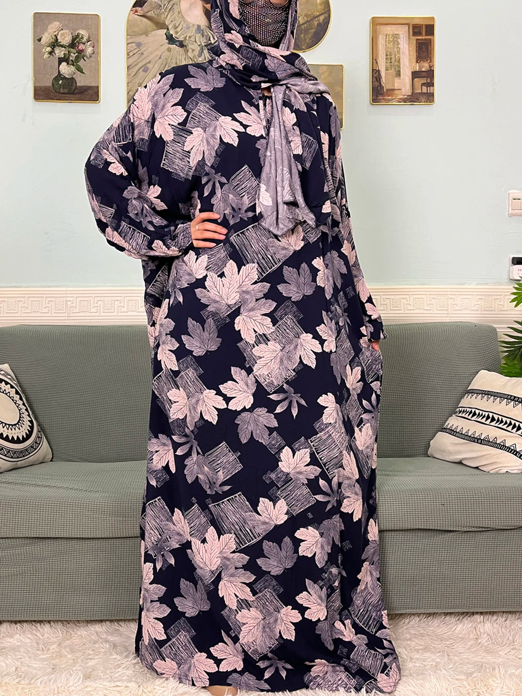Muslim Cotton Abayas For Women Traditional Floral Ramadan Prayer Garment African Caftan Marocain Femme Robe Connected Headscarf