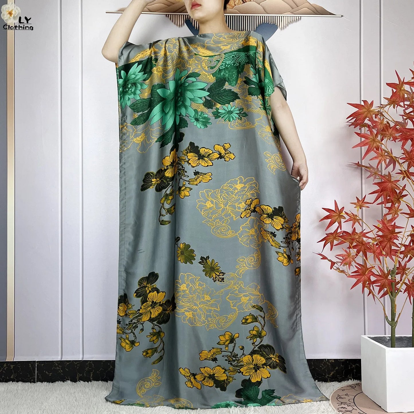 2024 Abayas Woman Short Sleeve Dress Print Loose Silk Soft Robe Elegant Fashion Dubai Islam Lady Party Maxi Summer Lady Clothing