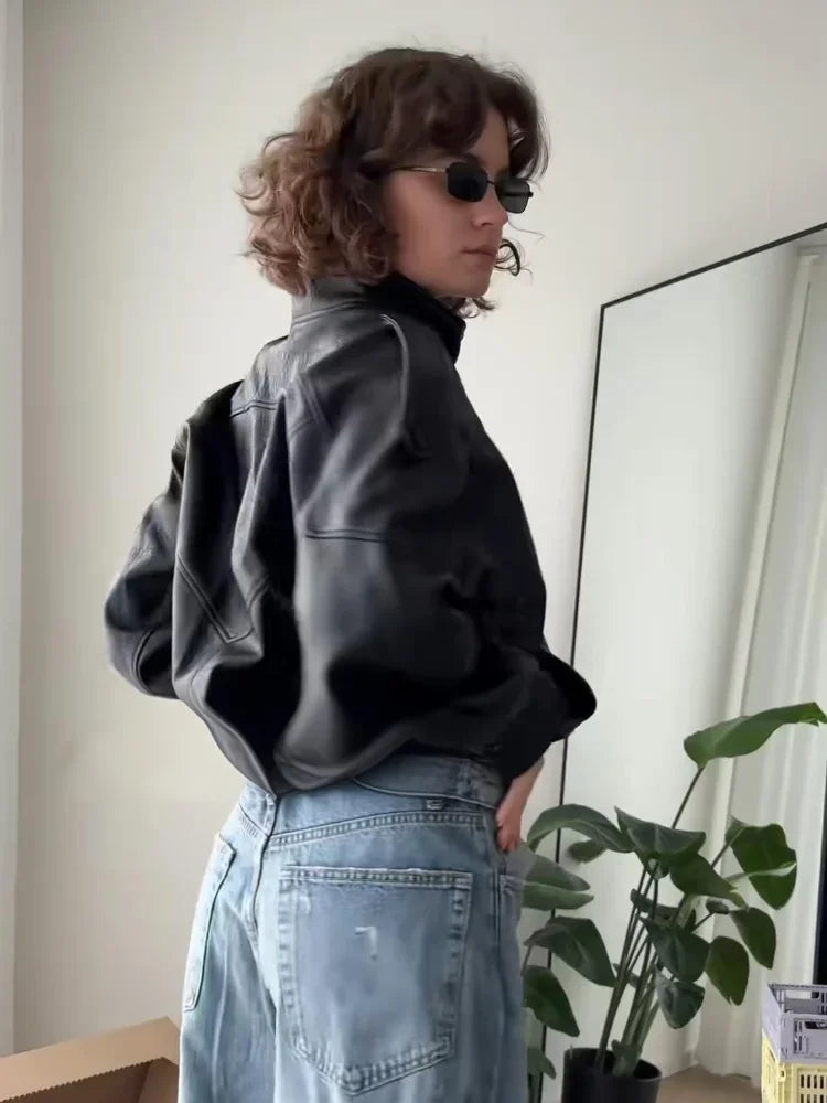 Street PU Leather Loose Jacket Women Fashion Solid Full Sleeve Stand Collar Single Breasted Coats Female 2025 Autumn Lady Coat