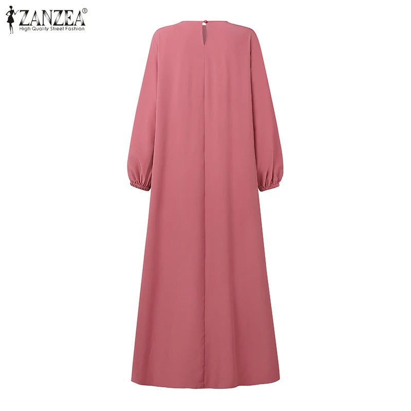 Women Autumn Patchwork Dresses 2025 ZANZEA Muslim Abaya Robe Femme Elegant Long Sleeve Solid Pleated Sundress IsIamic Clothing