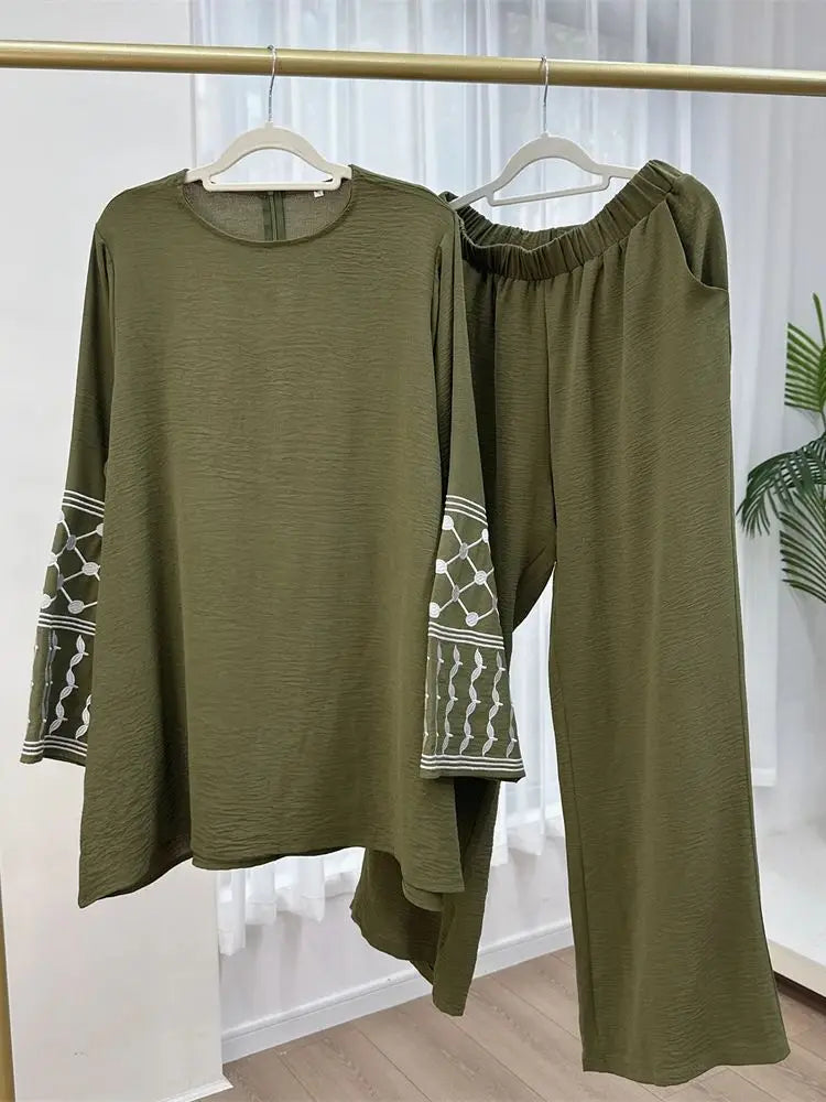 Eid Plain 2 Piece Abaya Set Tops Pants Modest Muslim Sets Abayas For Women Clothing Robe Caftan Marocain Femme Musulmane Kaftan