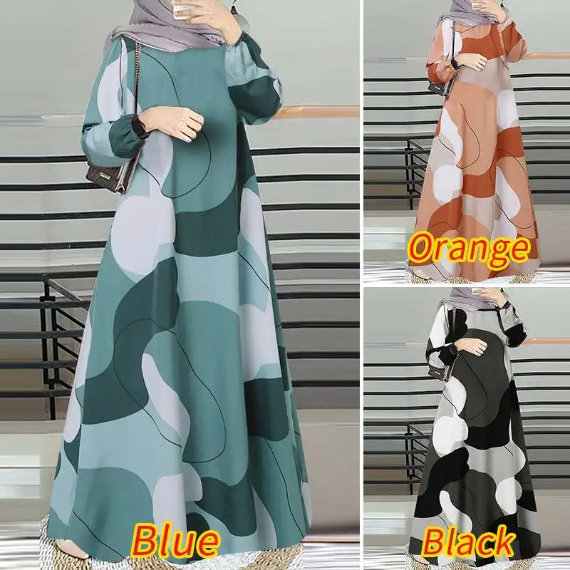 ZANZEA Muslim Fashion Color Block Long Dresses Women Elegant O Neck Long Sleeve A-line Vestidos Casual Loose Islamic Abaya Robes