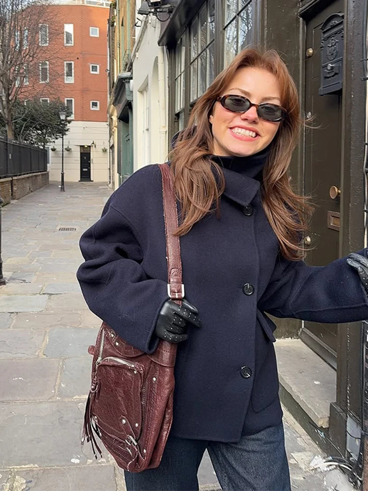 2025 Autumn Winter Stand Collar Coat Women Big Pockets Wool Blend Long Sleeve Single-breasted Thick Jacket Female Lady Outwears