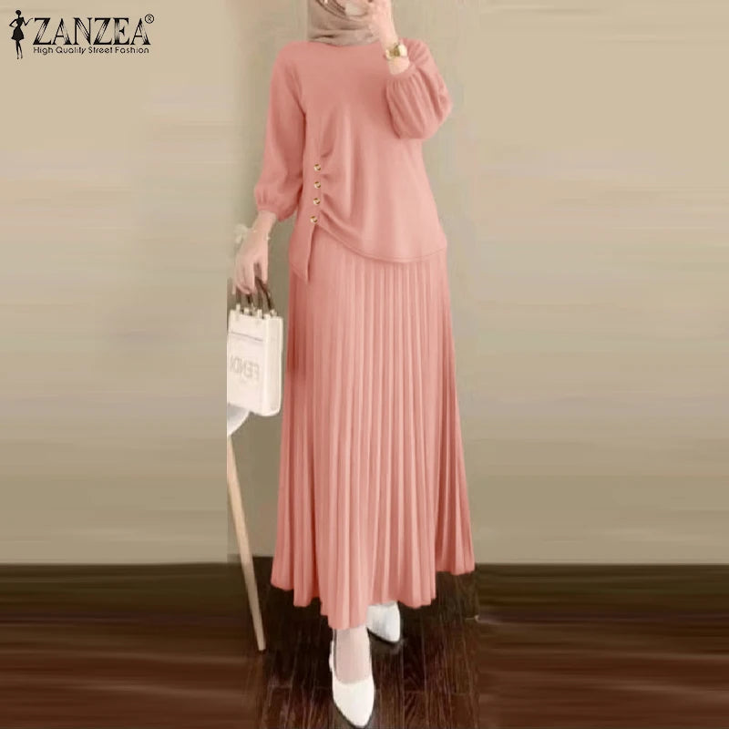 ZANZEA Muslim Woman 2 Piece Sets Islamic Fashion Ruched 3/4 Sleeve Tops Pleated Maxi Skirts 2PCS Outfits Solid Color Skirt Sets