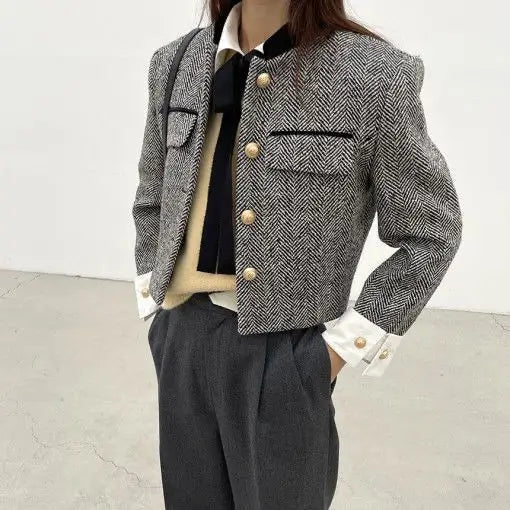 Fashion Metal Button Stand Collar  Short Jackets Women Korean Patchwork Plaid Coat 2025 Spring Long Sleeve Cropped Outwear