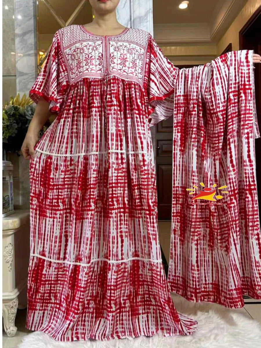 2025 New Muslim Abaya Summer Dress Short Sleeve Collect Waist Floral Loose Boubou Maxi Islam Women Dress African Abaya Clothing