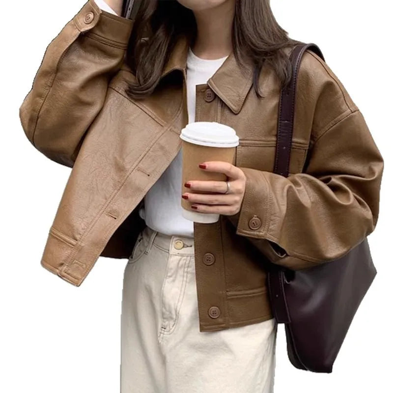 Fashion Single Breasted Jacket for Women Black Camel Pu Leather Jacket Woman Comfort Turn Down Collar Faux Leather Coats Lady