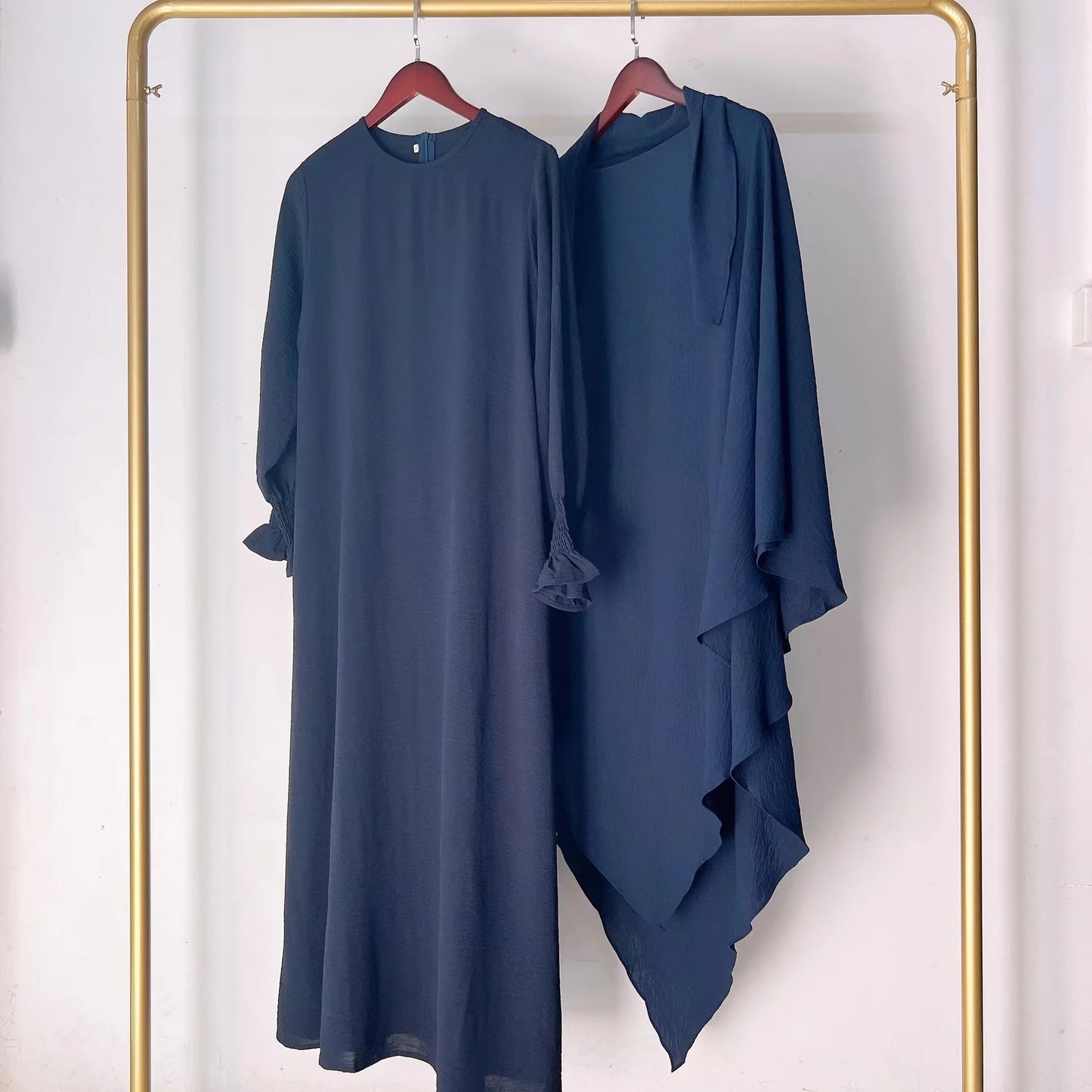 2 Pcs Muslim Set  New Sweet Solid Color Long Dress+Single Layer Shawl Suit  Abaya and Khimar Set Jilbab 2 Pcs Ramadan Long Hijab