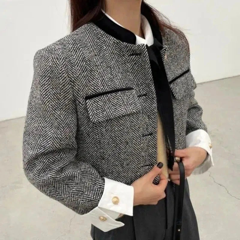 Fashion Metal Button Stand Collar  Short Jackets Women Korean Patchwork Plaid Coat 2025 Spring Long Sleeve Cropped Outwear