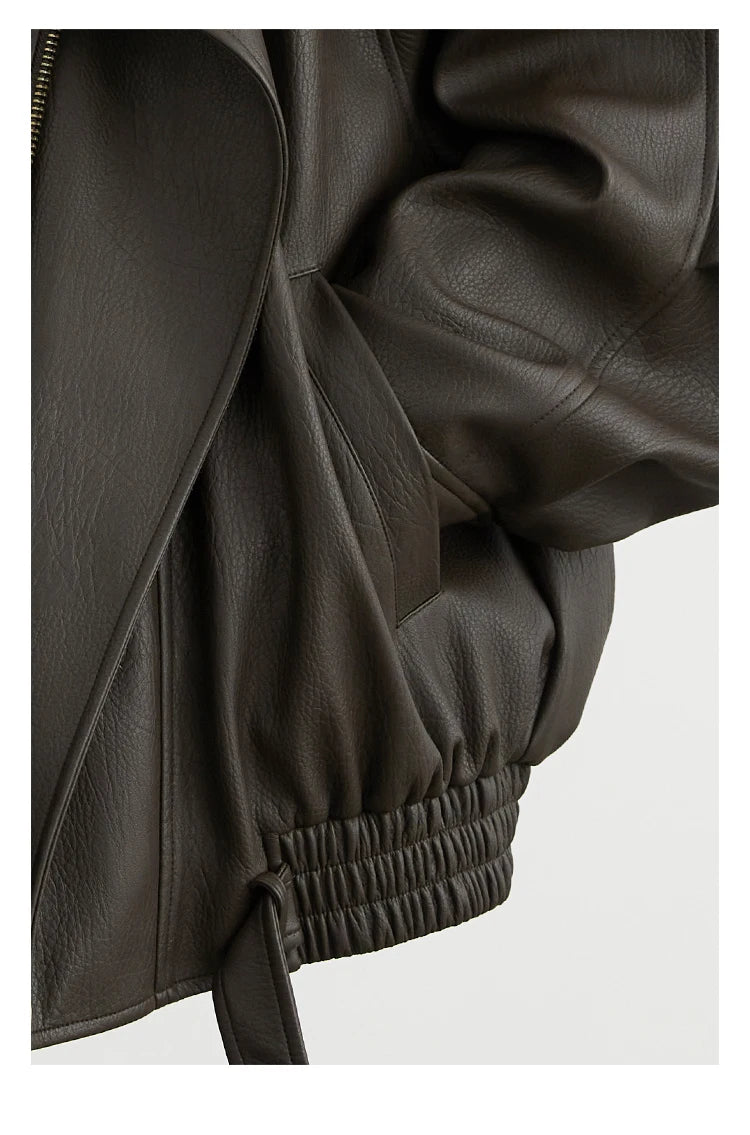 CHIC VEN Female PU Jacket Solid Loose New Retro Standing Collar Motorcycle Faux Leather Coat Female Top Spring Autumn 2024