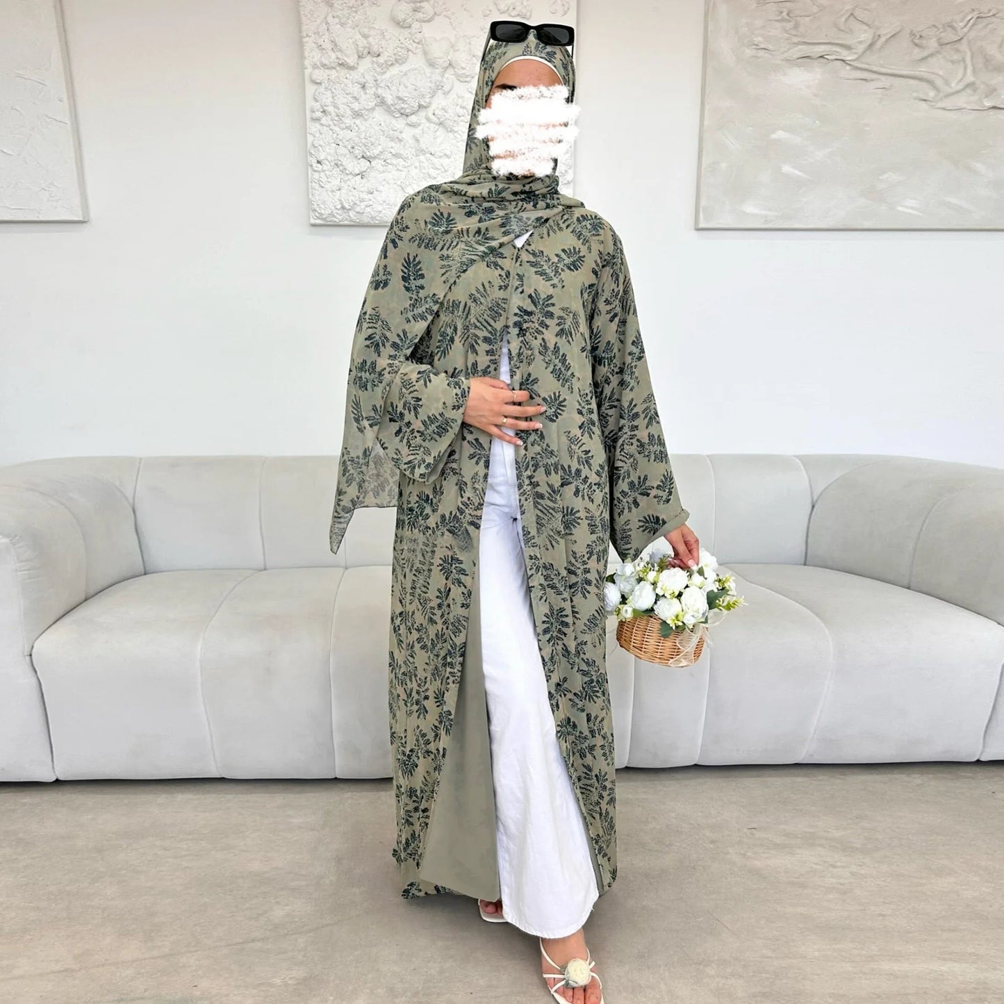 Summer Ramadan Chiffon Modest Abaya Women Muslim Dress Two Pieces Set Front Open Printed Kimono Abaya With Matching Hijab Scarf