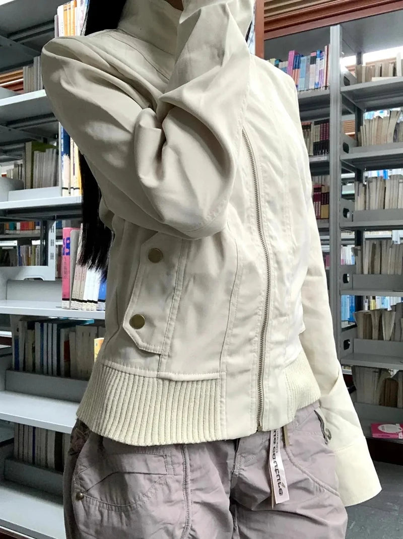 Vintage Stand Collar Women Jacket Y2K American Streetwear Slim Motorcycle Coats Female Gothic All Match Zipper Outerwear New