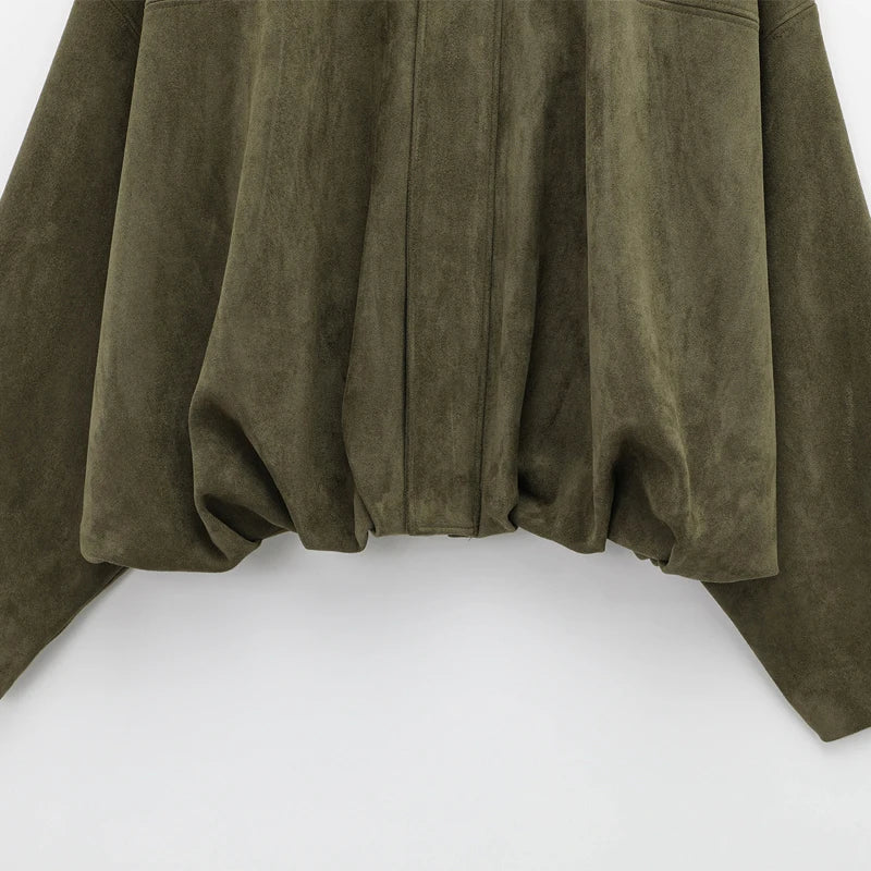 HXAO Women's Bomber Jacket Lapel Long Sleeve Zipper Suede Jacket Women 2025 High Street Cropped Racing Jackets Coats Outerwears