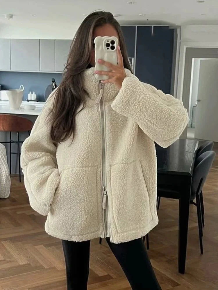 Fashion Women's Lamb's Wool White Coat Winter Fleece Reversible Lapel Coat Simple Loose Teddy Velvet Long Sleeve Jacket