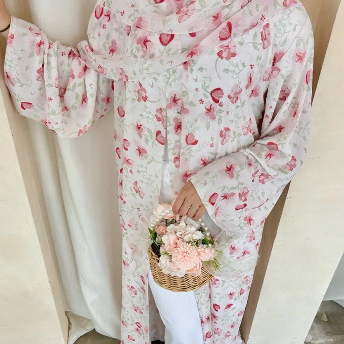 Summer Ramadan Chiffon Modest Abaya Women Muslim Dress Two Pieces Set Front Open Printed Kimono Abaya With Matching Hijab Scarf