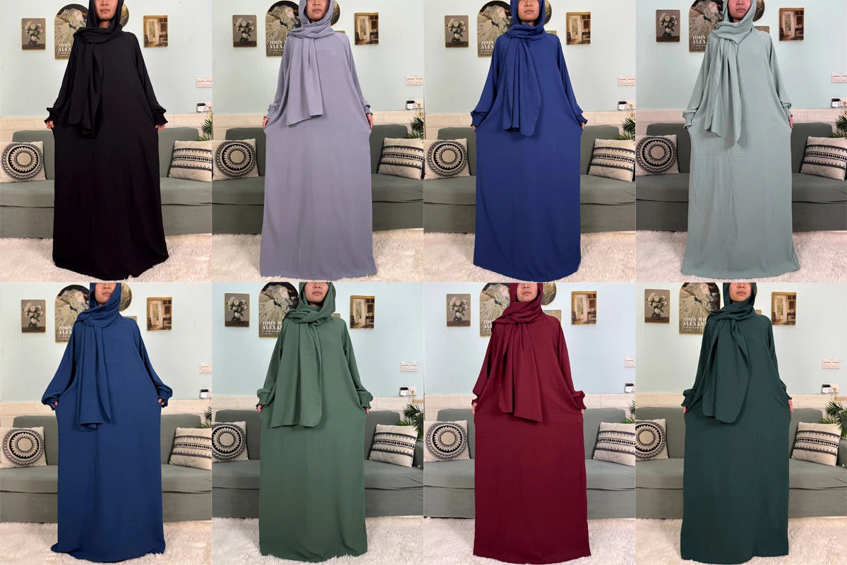 Muslim Abaya Ramadan 2025 For Women Pure Cotton Loose Prayer Femme Robe Elastic Cuffs African Dress With Connected Hijabs Scarf