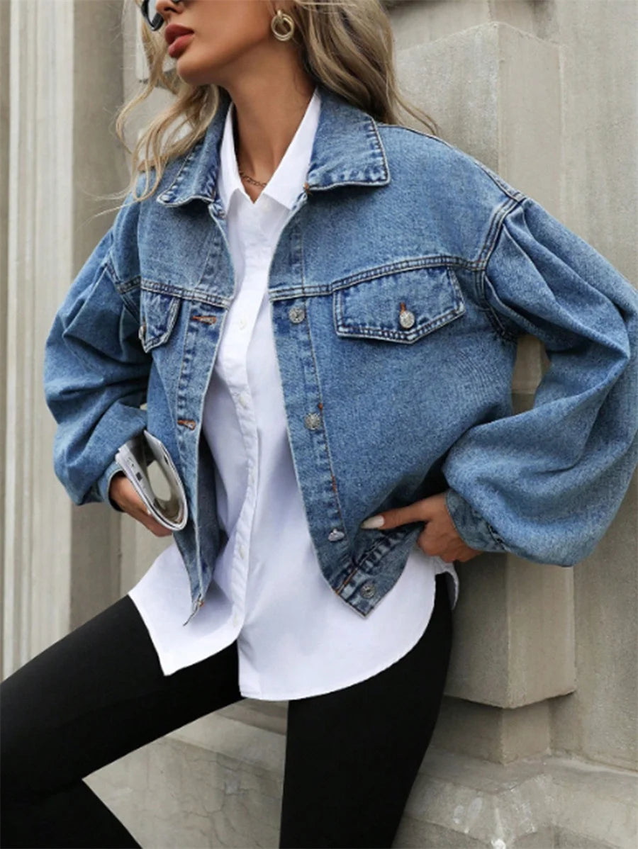 Benuynffy 2025 Autumn Vintage Lantern Sleeve Denim Jacket Women's Casual Streetwear Single Breasted Loose Short Jean Jackets