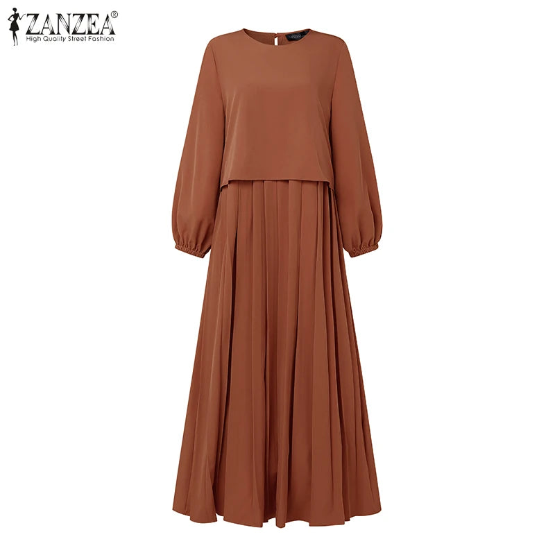 Women Autumn Patchwork Dresses 2025 ZANZEA Muslim Abaya Robe Femme Elegant Long Sleeve Solid Pleated Sundress IsIamic Clothing