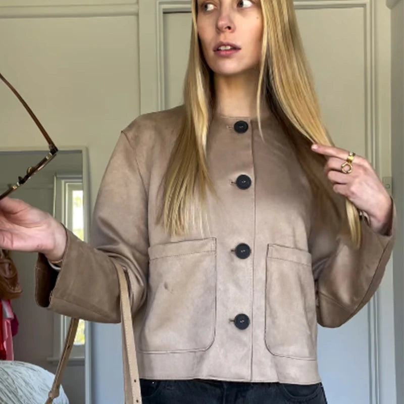 HXAO Demi-Season Suede Jacket Women Cropped Coat Autumn Faux Bomber Jacket Outerwear Button Elegant New Jacket Short Coat