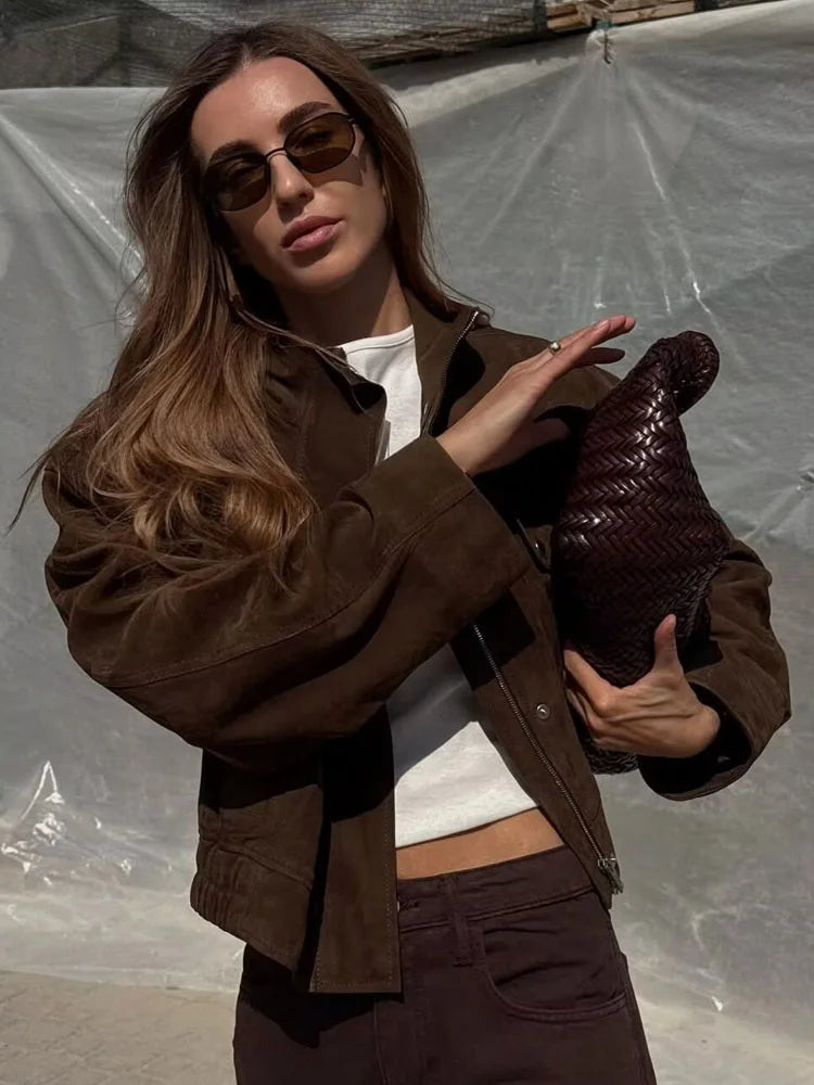 HH Women Autumn Casual Jacket Female Fashion Zipper Pocket Button Decoration Long Sleeves Coat Loose High Street Short Coat