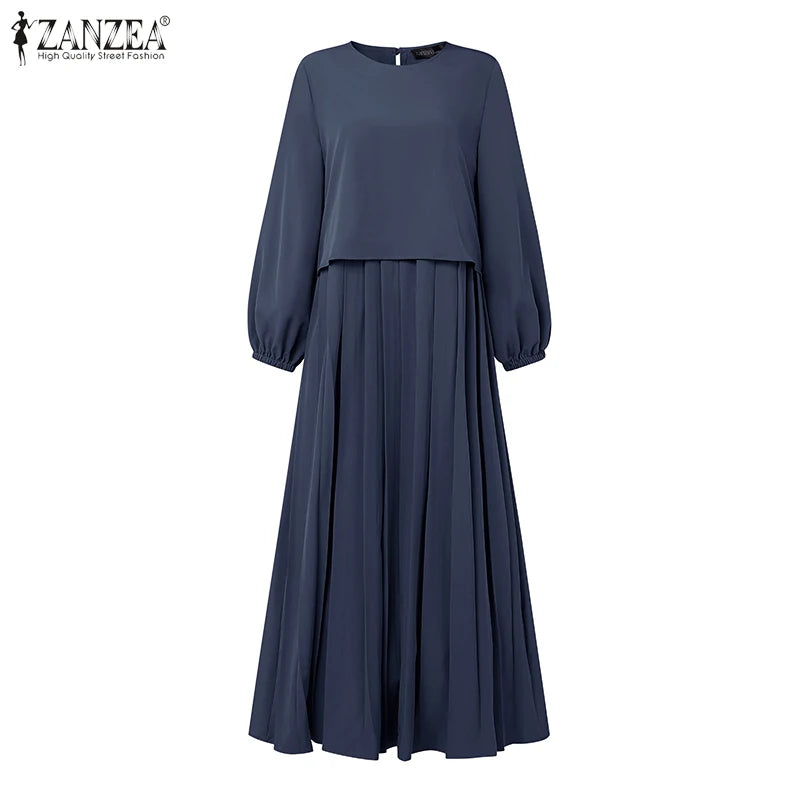 Women Autumn Patchwork Dresses 2025 ZANZEA Muslim Abaya Robe Femme Elegant Long Sleeve Solid Pleated Sundress IsIamic Clothing